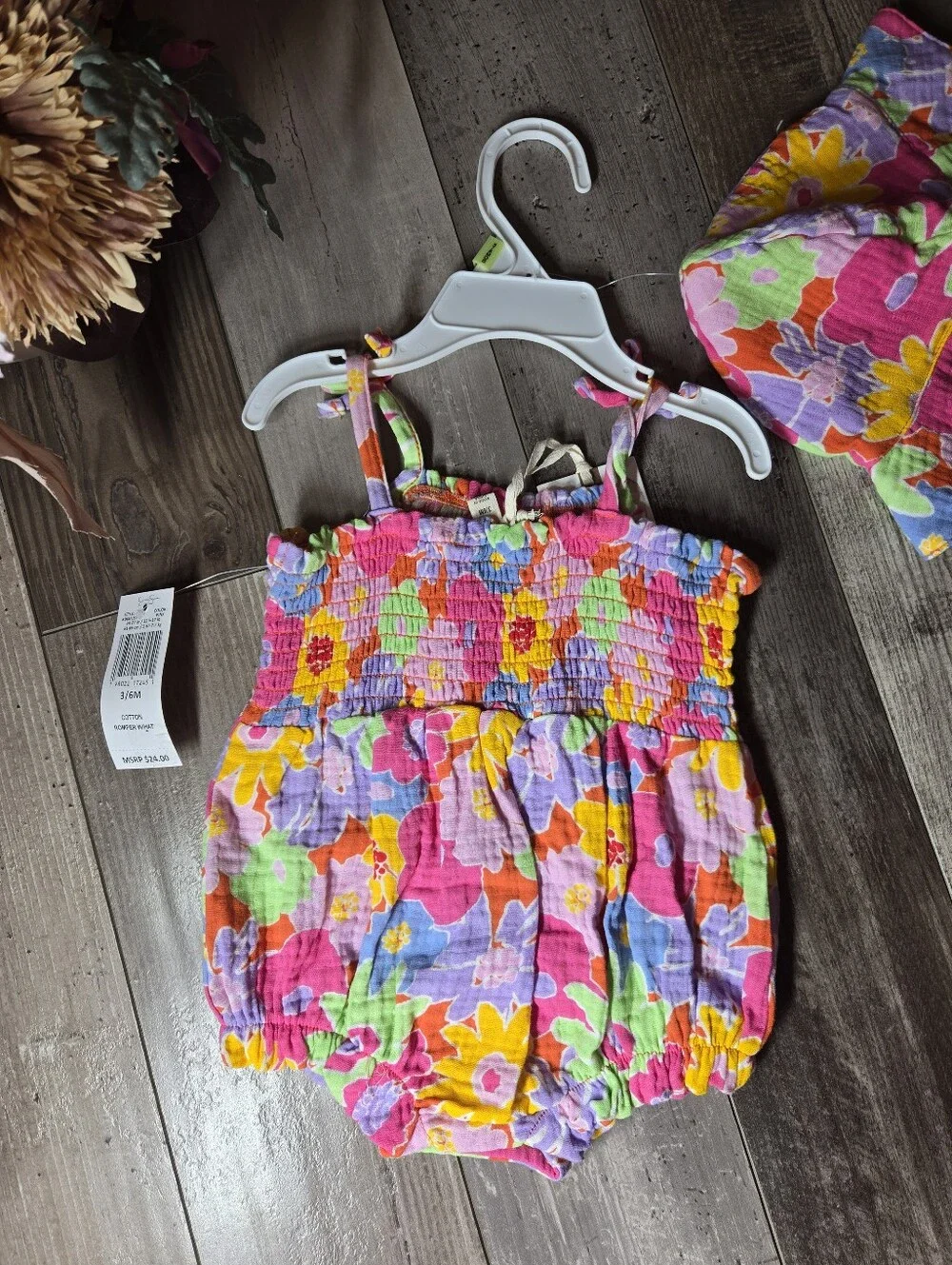 NWT Jessica Simpson Pink Purple Multicolor Floral Romper & Hat Set 3–6M